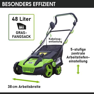 Scarificateur électrique 2-en-1  1500-1800W, 32-40 cm, bac 60L, pour pelouse