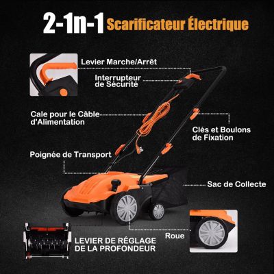 Scarificateur Électrique 2 en 1-30L Sac de Collecte-Aérateur de Pelouse-Hauteur Réglable à 4 Niveaux-Poignée Pliable Orange