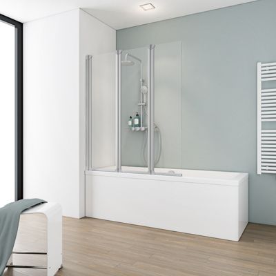 Schulte Pare-baignoire 124x130 cm - Réversible - Paroi rabattable - Verre 5 mm - 3 Volets pivotants - Aluminium