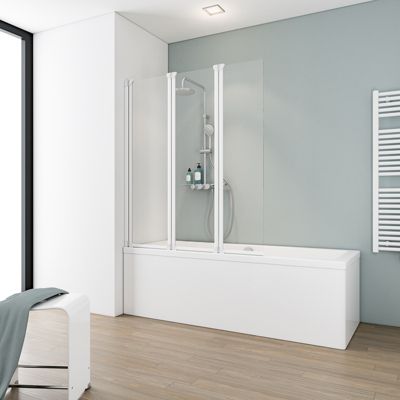 Schulte Pare-baignoire 124x130 cm - Réversible - Paroi rabattable - Verre 5 mm - 3 Volets pivotants - Profil Blanc