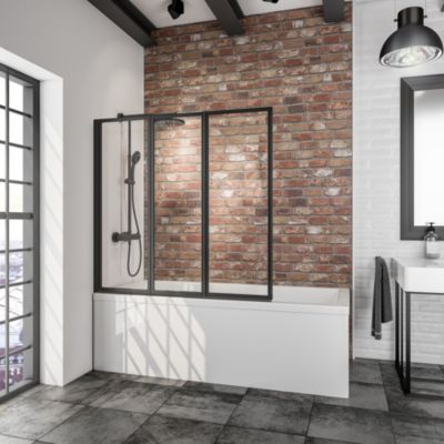 Schulte Pare-baignoire 127x120 cm  - Paroi pivotante à coller sans percer - Pliant - Verre transparent - Profil Noir