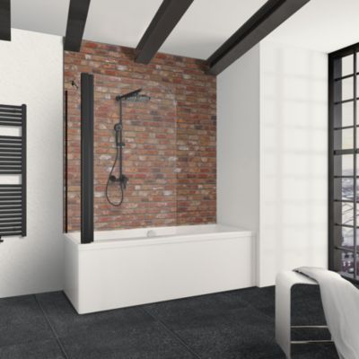 Schulte Pare-baignoire 80x70x140 cm - Angle pliant rabattable - Écran pivotant anti-calcaire - Verre 5 mm - Noir