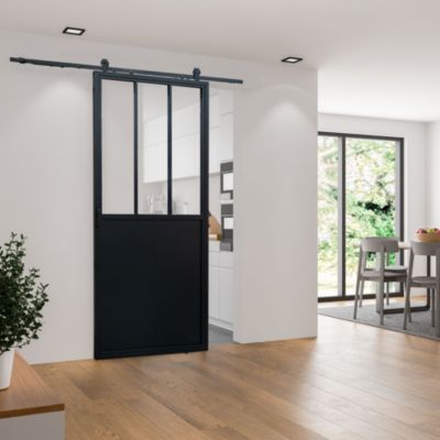Schulte porte coulissante complète en verre - 102x215cm - porte vitrée - porte verrière - décor industriel - noir