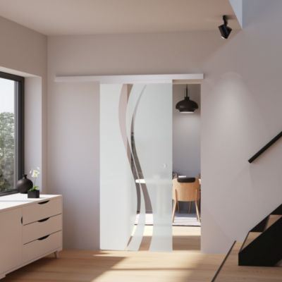 Schulte porte coulissante complète - verre - 102x220cm - décor vagues- poignée ronde + double amortisseur softclose