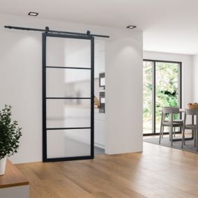 Schulte porte coulissante complète - verre - 90x215cm - décor industriel noir - système ouvert-double softclose