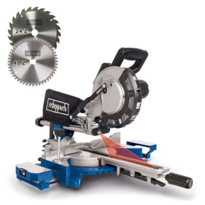Scie à Onglet HM216 Scheppach - 2000W -Lame 216mm - largeur de coupe 340mm - Laser - 2 lames, butées d'angle & rallonges latérales