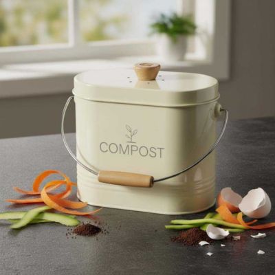 Seau à compost - GUILLOUARD - Ovale - Capacité 3L - Avec filtre à charbon - 11x24x20cm - Beige