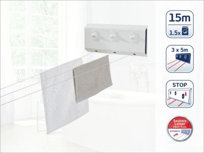 Séchoir à linge mural 15 m d'étendage, 3 fils, enrouleur automatique, blanc, Leifheit Rollfix Triple 150 Longline