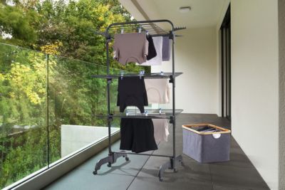 Séchoir à linge tour sur roulettes 42 m d'étendage, 3 niveaux, noir, Leifheit Comfort Tower 420 Black