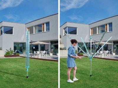 Séchoir parapluie extérieur avec douille de fixation, 50 m d'étendage, gris et bleu turquoise, Leifheit Linomatic 500 Easy