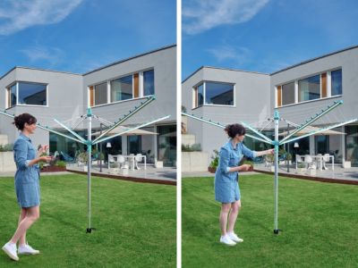 Séchoir parapluie extérieur avec douille de fixation, 50 m d'étendage, gris et bleu turquoise, Leifheit Linomatic 500 Easy
