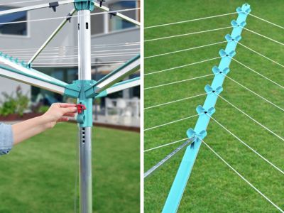 Séchoir parapluie extérieur avec douille de fixation, 50 m d'étendage, gris et bleu turquoise, Leifheit Linomatic 500 Easy