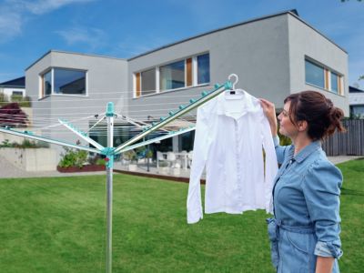 Séchoir parapluie extérieur avec douille de fixation, 50 m d'étendage, gris et bleu turquoise, Leifheit Linomatic 500 Easy