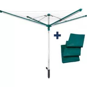 Séchoir parapluie extérieur avec housse et douille de fixation, 50 m d'étendage, vert et gris, Leifheit Linomatic Deluxe Cover 500