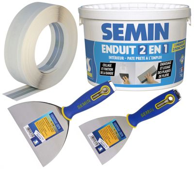 Semin Bande Armée pour la Réalisation et le Renfort des Angles Sortants - 30 m, Enduit 2 en 1 - Seau de 7 kg, Couteau à Enduire -