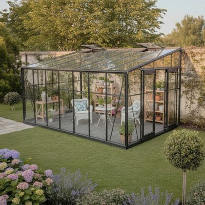 Serre adossée Green Protect Luxe 13,71m² aluminium verre trempé 4mm anthracite avec embase