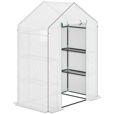 Serre de jardin 4 tablettes dim. 1,43L x 0,74l x 1,9H m porte déroulante fenêtre acier PE haute densité blanc