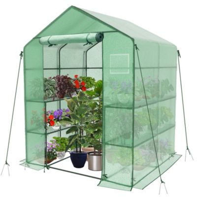 Serre de jardin avec etageres et bache PE renforcee 135g/m2 143x143x195cm Vert VOUNOT