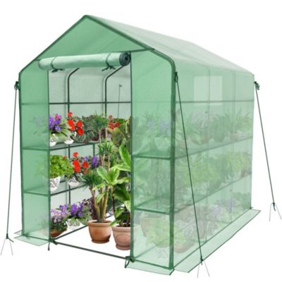 Serre de jardin avec etageres et bache PE renforcee 135g/m2 143x215x195cm Vert VOUNOT