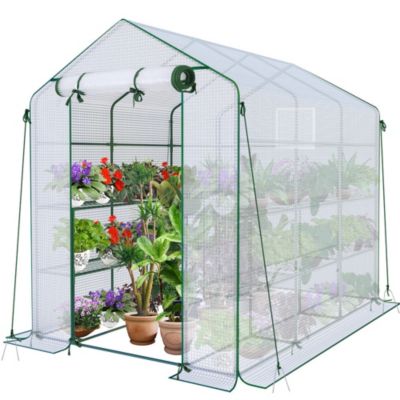Serre de jardin avec etageres et bache PE renforcee 135g/m2 143x215x195cm VOUNOT
