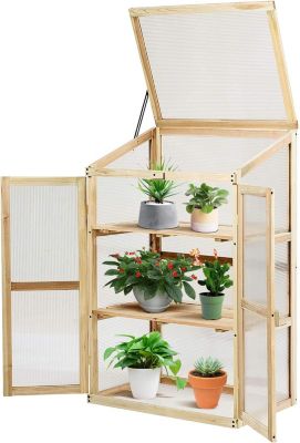 Serre de Jardin en Bois avec 3 Étages, Serre à Plantes avec Couvercle Rabattable