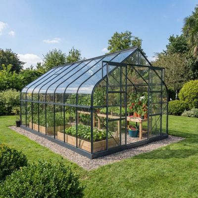 Serre de jardin Green Protect Comtesse 14,52m² aluminium anthracite verre trempé 4mm embase incluse