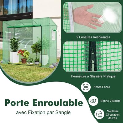 Serre de Jardin Serre à Entrée avec Couverture en PE 4 Cordes Anti Vent Piquets de Sol Porte à Fermeture Éclair Enroulable