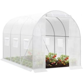 Serre de Jardin Tunnel Blanc en Tube d Acier Galvanisé et PE 140g/m2 - 6 Fenêtres Latérales + 1 Porte Zippée Enrouleur