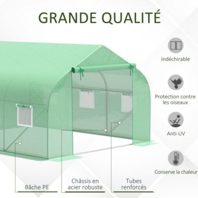 Serre tunnel de jardin 3,5 x 3 x 2 m grande taille 6 fenêtres vert