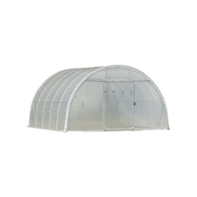 Serre tunnel Deschamps largeur 4 m pas à 1.50 m - Long 7.50 m, Film Plasticlair 200 Cristal, Façade 2 portes simples, Filet ombra