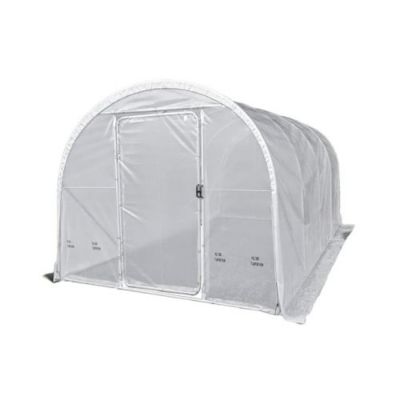 Serre tunnel Deschamps pieds droits largeur 3 m pas à 1.50 m - Long 3 m, Film Plasticlair 200 Cristal, Façade 1 porte simple et 1