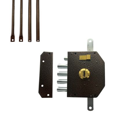 Serrure de sûreté pour porte d'entrée avec tringles - En Applique - 6 points - Marron - Gauche - Axe 60 mm - 5 clés