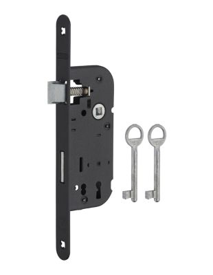 Serrure encastrable à clé pour porte de chambre, axe 40mm, bouts ronds, 1 tour, noir, 2 clés - THIRARD