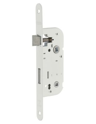 Serrure encastrable à condamnation pour porte de salle de bain et toilettes, axe 40mm, bouts ronds, blanc - THIRARD