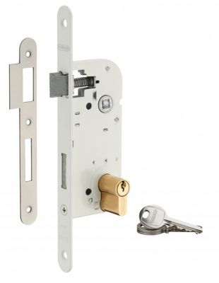 Serrure encastrable à cylindre pour porte d'entrée, axe 40mm, bouts ronds, cylindre 30x30mm, blanc, 3 clés - THIRARD