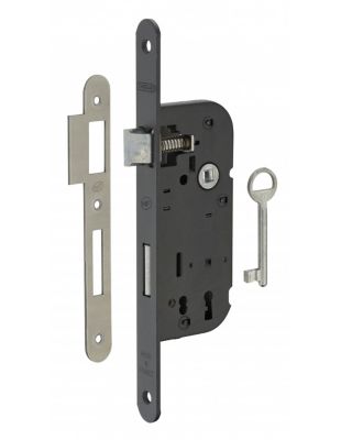 Serrure encastrable NF à clé pour porte de chambre, axe 40mm, bouts ronds, noir, 1 clé - THIRARD