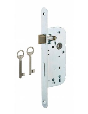 Serrure encastrable pour porte de chambre, axe 40mm, 2 tours, blanche, bouts ronds, 2 clés - SP