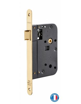 Serrure encastrable pour porte intérieure, axe 70mm, bouts ronds, laiton poli verni - THIRARD