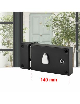 Serrure horizontale en applique à clé à fouillot pour portail, gauche, axe 56mm, 140x88mm, noir, 2 clés - THIRARD