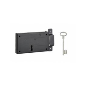 Serrure horizontale en applique à clé pour porte de cave, pêne seul, droite, axe 80mm, 140x80mm, noir, 1 clé - THIRARD