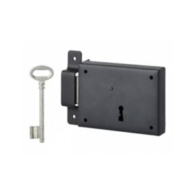 Serrure horizontale en applique à clé pour porte de cave, pêne seul, gauche, axe 60mm, 110x80mm, noir, 1 clé - THIRARD