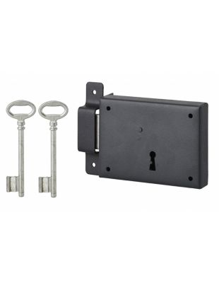 Serrure horizontale en applique à clé pour porte de cave, pêne seul, gauche, axe 60mm, 110x80mm, noir, 2 clés - THIRARD