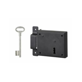Serrure horizontale en applique à clé pour porte de cave, pêne seul, gauche, axe 60mm, 95x76mm, noir, 1 clé - THIRARD