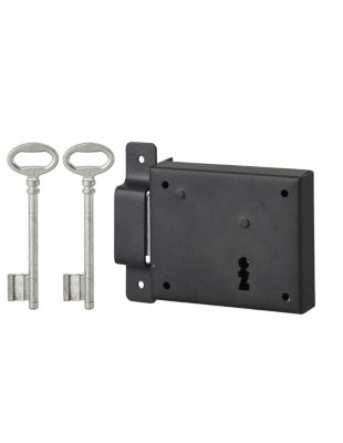Serrure horizontale en applique à clé pour porte de cave, pêne seul, gauche, axe 60mm, 95x76mm, noir, 2 clés - THIRARD