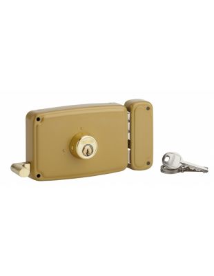 Serrure horizontale en applique double entrée à tirage pour porte d'entrée, droite, 140x94mm, axe 70mm, marron, 3 clés - THIRARD