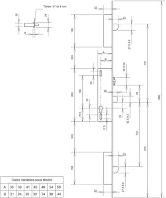 Serrure à larder 3 points pêne dormant à rouleau coffre 92MTX U8 45mm - METALUX - F1U8450200