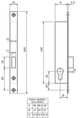 Serrure monopoint à larder profil étroit pêne dormant Série 13 largeur 39,5mm - METALUX - F113390000