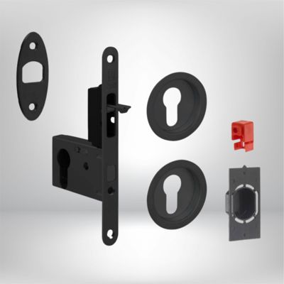 Serrure porte coulissante à crochet - Noir Mat - Axe 50mm - Rosaces carrées cylindre I + tire-doigts + gache Trou de cylindre i