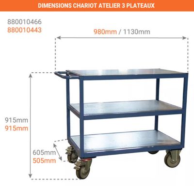 Servante d'atelier 400kg - 3 plateaux en tôle 850x500 mm - 880010443