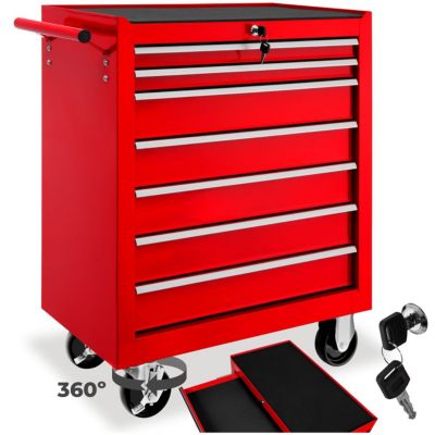 Servante d'atelier 7 tiroirs spacieux verrouillables avec tapis antidérapant rouge